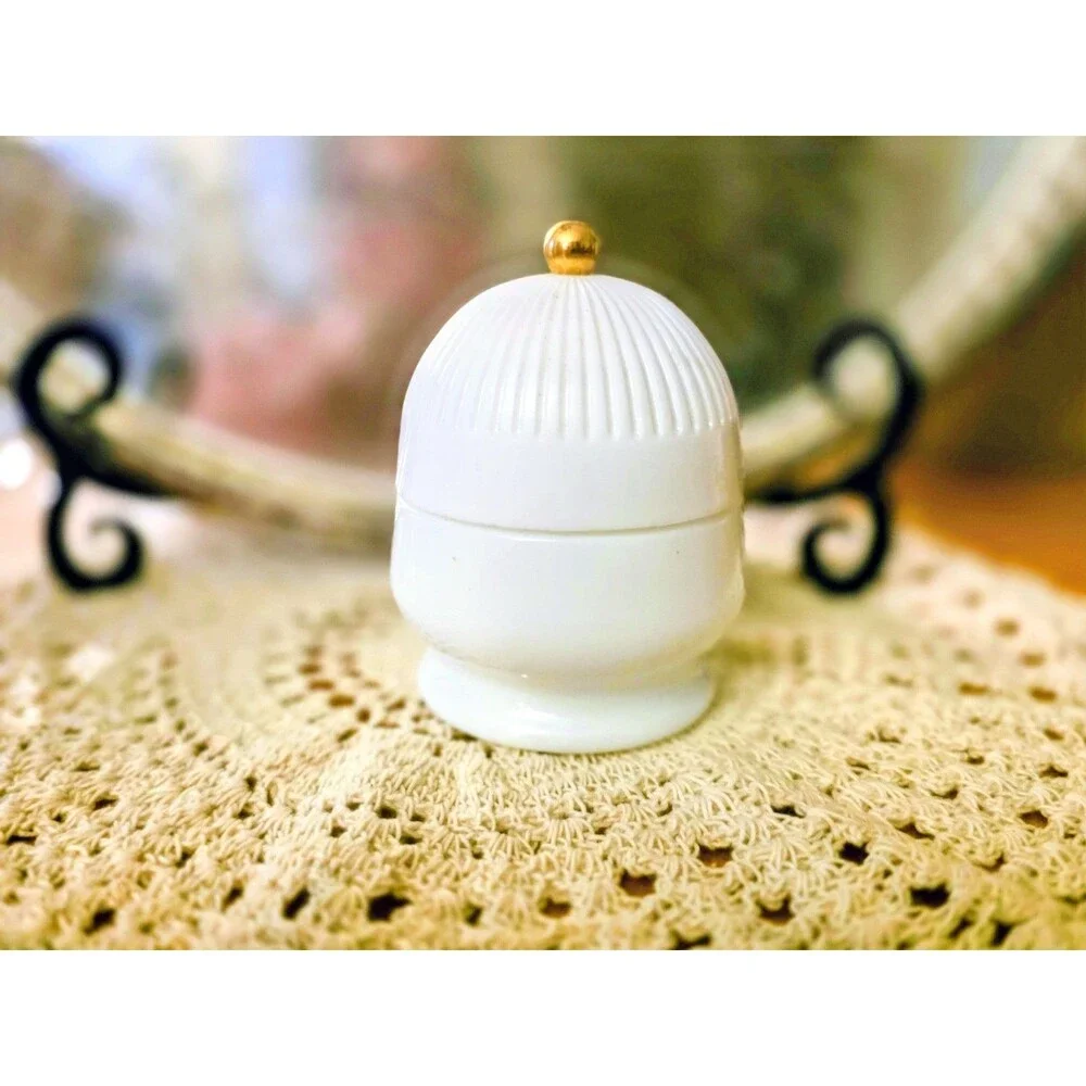Vintage 1970s Avon Hormone Cream White Milk Glass Jar Empty Dome Gold Knob...